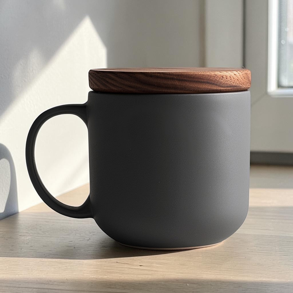 FINP Minimalist Matte Ceramic Mug with Walnut Wood Lid - 400ml
