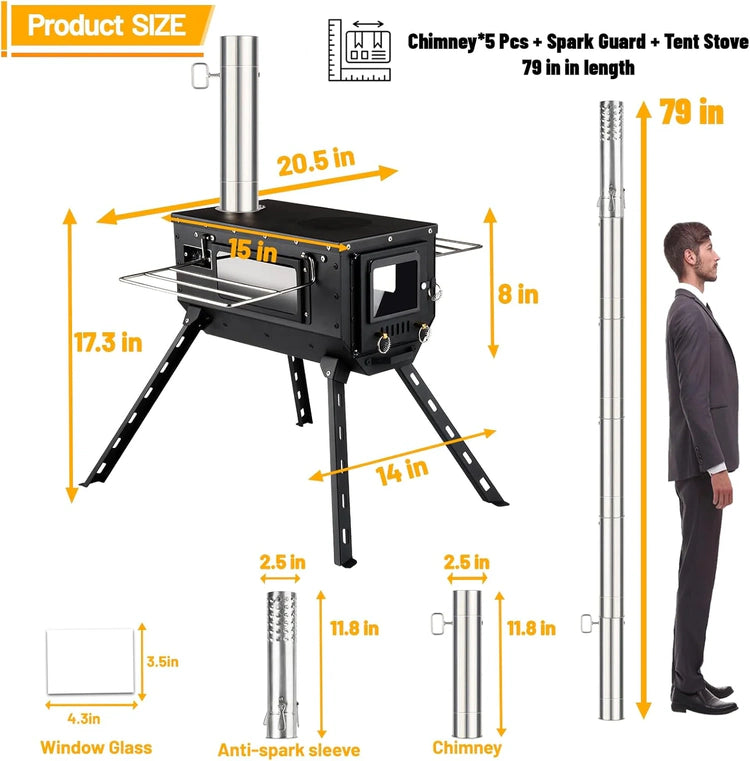 Hot Tent Stove Wood Stove, Small Wood Stove for Outdoor Heating and Cooking, Ice Fishing, Hunting