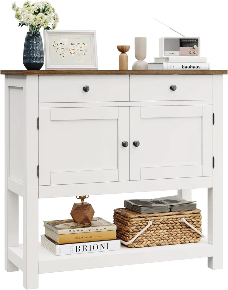 HOSTACK Farmhouse Console Table with 2-Door Cabinet & 2 Drawers, Coffee Bar, Entryway Table with Storage Shelf, Sofa Tables Buffet Sideboard for Kitchen, Hallway, Dining, Living Room, Rustic Brown