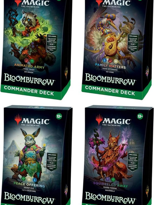 2025 Magic: The Gathering Bloomburrow Commander Deck Bundle – Includes All 4 Decks (Animated Army Family Matters Peace Offering and Squirreled Away)