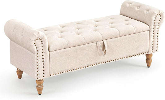 Furniliving Modern Storage Ottoman Bench, Sherpa Ottoman End of Bed Bench with Solid Wood Legs Upholstered Ottoman Benches with Storage Indoor Bench for Living Room with Rolled Arm, Entryway, White