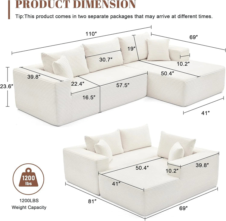 110 Cloud Sectional Couch, Boneless Sofa for Living Room Modular Sectional Sofa with Deep Seat