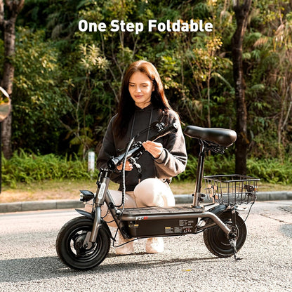 iScooter electric scooter with seat, 37/21 mile range, 28/19/15.6 mph top speed, dual suspension scooter with basket