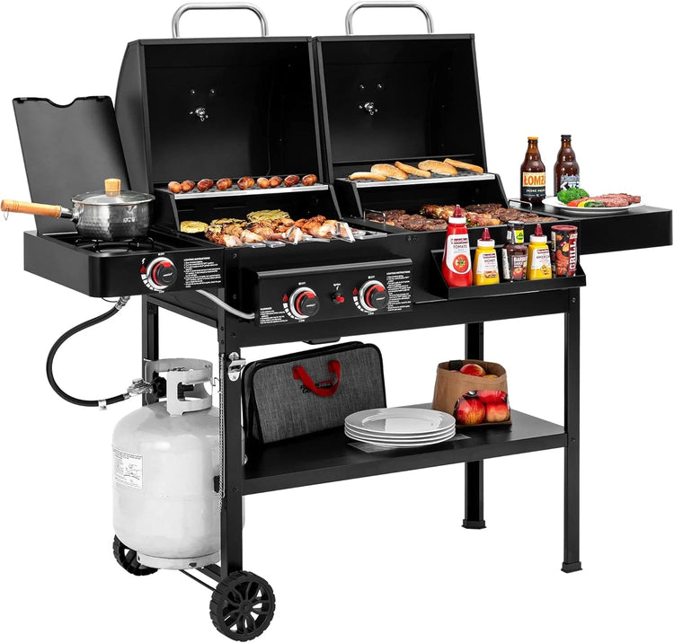 2-Burner Gas and Charcoal Grill Combo with Offset Smoker & Side Burner, 34,000 BTU Dual