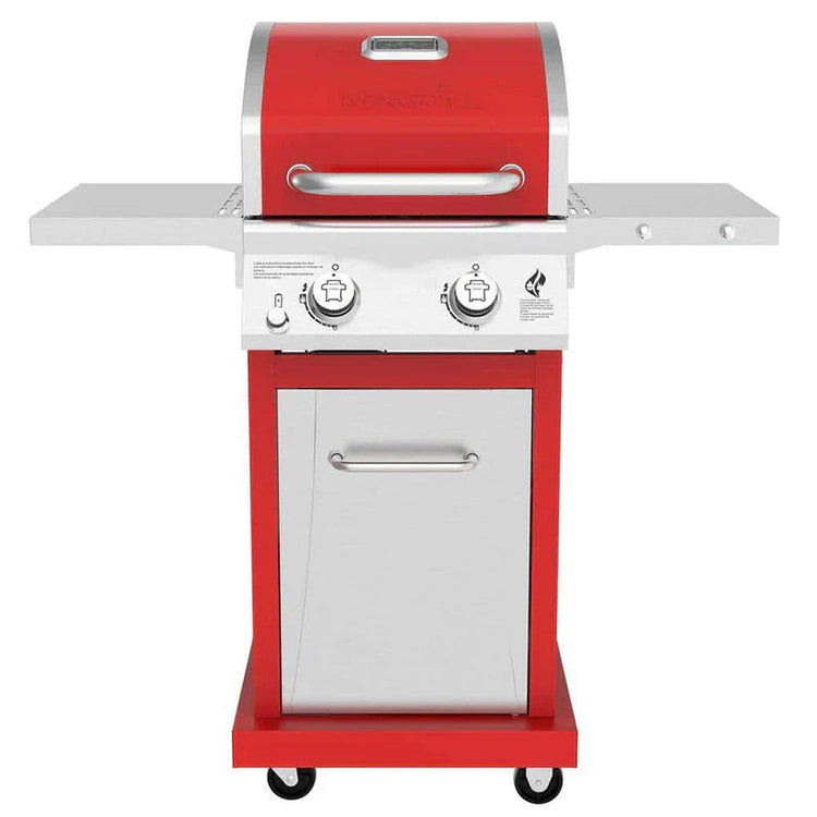 2-Burner Propane Gas Grill, Red – Stainless Steel, 28,000 BTUs, Compact Design