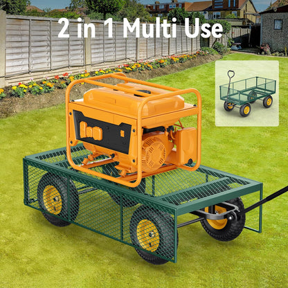 Steel Garden Cart 2-in-1 1400 lbs Heavy Duty Utility Wagon with Removable Mesh Sides to Convert into Flatbed 240?? U-Turn 13" Pneumatic Tires Garden Wagon for Farm Yard Lawn Garden Camping