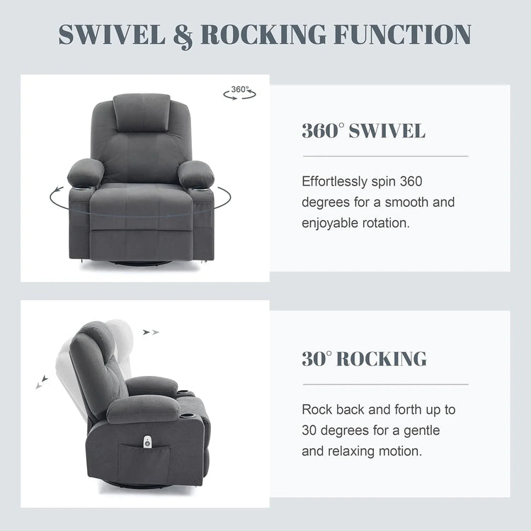 Oversized Swivel Rocker Recliner Chair with Heat and Massage, 360 Degree Swivel Rocking Single Sofa with Cup Holders and USB Port, Large Big Recliner Chair for Living Room (Leather, Brown)