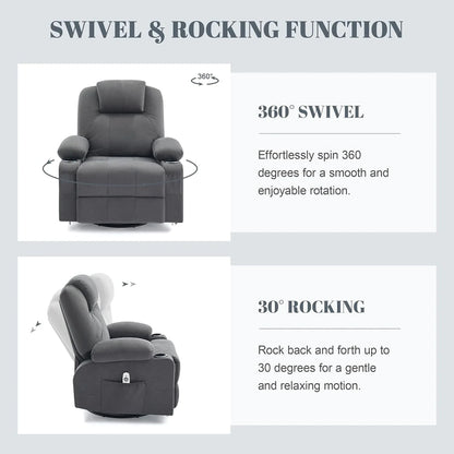 Oversized Swivel Rocker Recliner Chair with Heat and Massage, 360 Degree Swivel Rocking Single Sofa with Cup Holders and USB Port, Large Big Recliner Chair for Living Room (Leather, Brown)