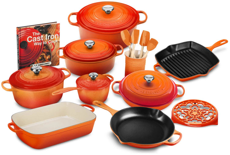 20-piece Signature Cast Iron Cookware Set,10.25′′ Skillet,1.75-quart Saucepan with Lid