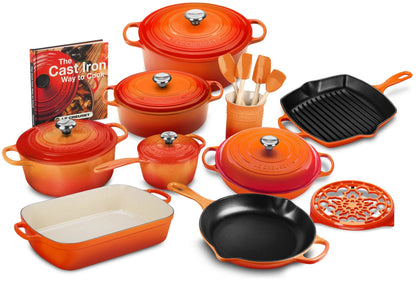 20-piece Signature Cast Iron Cookware Set,10.25′′ Skillet,1.75-quart Saucepan with Lid