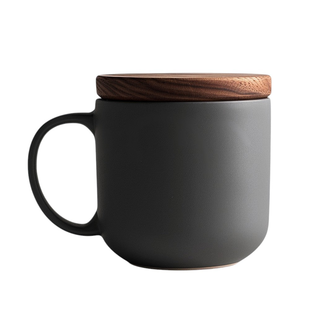 FINP Minimalist Matte Ceramic Mug with Walnut Wood Lid - 400ml