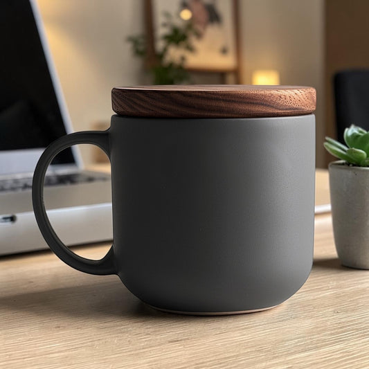 FINP Minimalist Matte Ceramic Mug with Walnut Wood Lid - 400ml