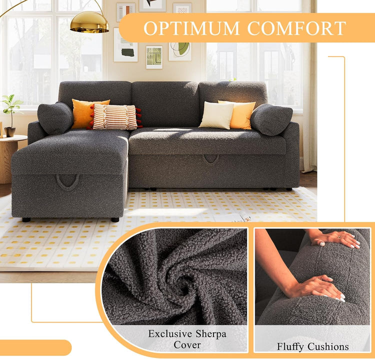 VanAcc Sofa Bed, Sleeper Sofa with Storage Chaise 2 in 1 Pull Out Couch Living Room