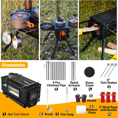 Hot Tent Stove Wood Stove, Small Wood Stove for Outdoor Heating and Cooking, Ice Fishing, Hunting