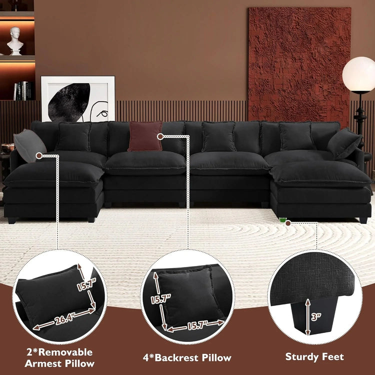 Ihanherry 146" U-Shaped Modern Sofa Modular Sectional Cloud Couch with 2 Ottoman, 6-Seat Chenille Deep Seat Sofa with 6 Pillows for Living Room, Bedroom and Apartment, Grey