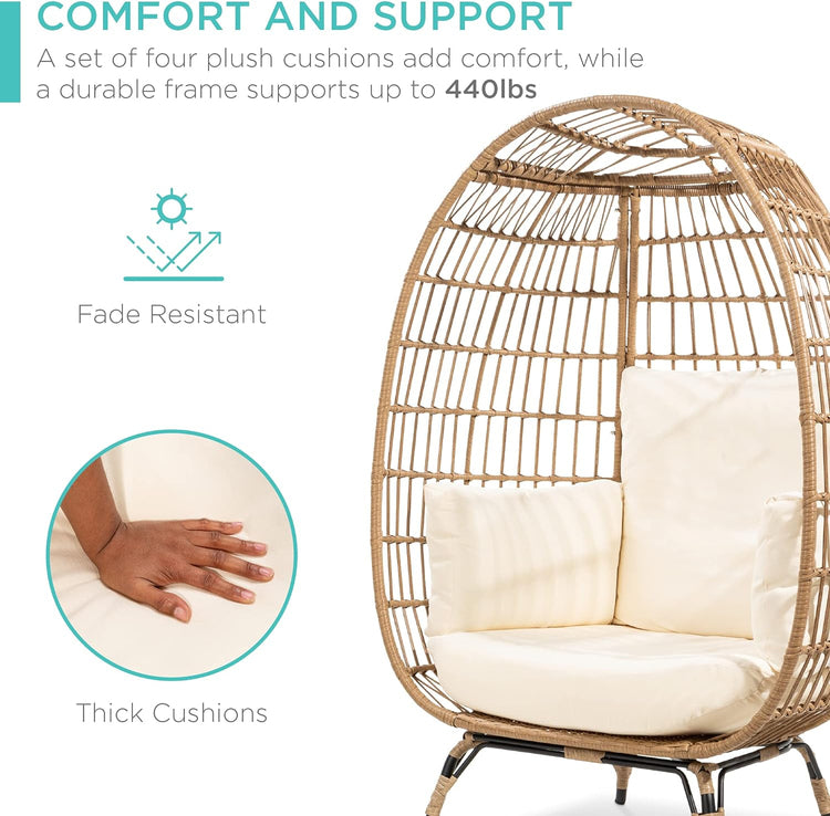 Best Choice Products Wicker Egg Chair Oversized Indoor Outdoor Lounger for Patio Backyard Living Room w/ 4 Cushions Steel Frame 440lb Capacity - Ivory