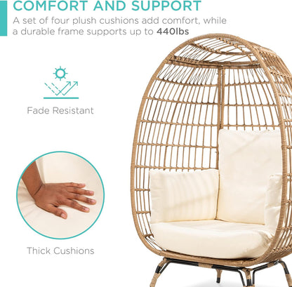 Best Choice Products Wicker Egg Chair Oversized Indoor Outdoor Lounger for Patio Backyard Living Room w/ 4 Cushions Steel Frame 440lb Capacity - Ivory