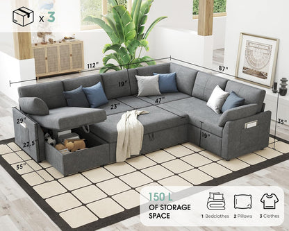 VanAcc Sofa Bed, Sleeper Sofa with Storage Chaise 2 in 1 Pull Out Couch Living Room