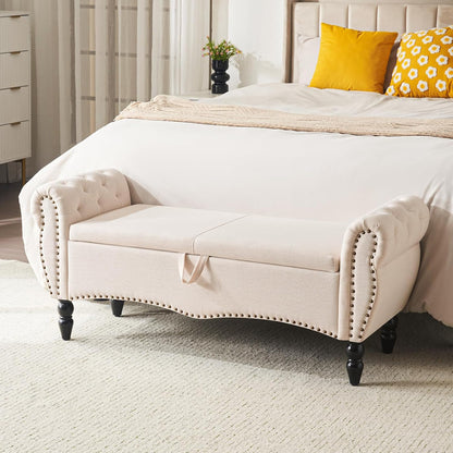 Furniliving Modern Storage Ottoman Bench, Sherpa Ottoman End of Bed Bench with Solid Wood Legs Upholstered Ottoman Benches with Storage Indoor Bench for Living Room with Rolled Arm, Entryway, White