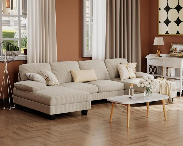 Furmax Sectional Couches for Living Room, U-Shaped Sofa Couch with Linen Fabric, 4 Seat Sofa Set with Double Chaise for Apartment (Fabric, Grey)