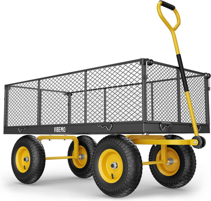 Steel Garden Cart 2-in-1 1400 lbs Heavy Duty Utility Wagon with Removable Mesh Sides to Convert into Flatbed 240?? U-Turn 13" Pneumatic Tires Garden Wagon for Farm Yard Lawn Garden Camping