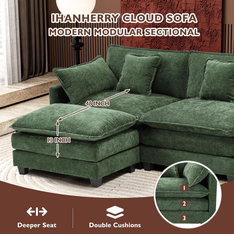 Ihanherry 146" U-Shaped Modern Sofa Modular Sectional Cloud Couch with 2 Ottoman, 6-Seat Chenille Deep Seat Sofa with 6 Pillows for Living Room, Bedroom and Apartment, Grey