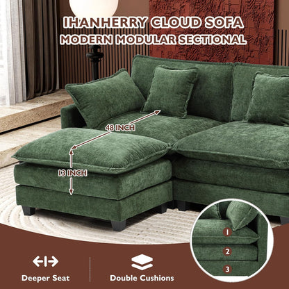 Ihanherry 146" U-Shaped Modern Sofa Modular Sectional Cloud Couch with 2 Ottoman, 6-Seat Chenille Deep Seat Sofa with 6 Pillows for Living Room, Bedroom and Apartment, Grey