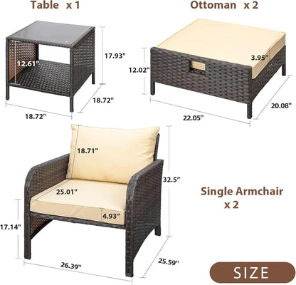 LEVELEVE Balcony Furniture 5 Piece Patio Conversation Set, PE Wicker Rattan Outdoor Lounge Chairs with Soft Cushions 2 Ottoman&Glass Table for Porch, Lawn-Brown Wicker