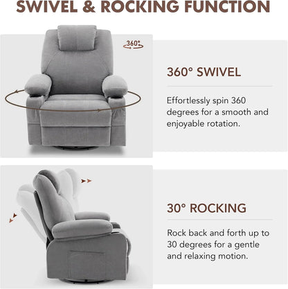 Oversized Swivel Rocker Recliner Chair with Heat and Massage, 360 Degree Swivel Rocking Single Sofa with Cup Holders and USB Port, Large Big Recliner Chair for Living Room (Leather, Brown)