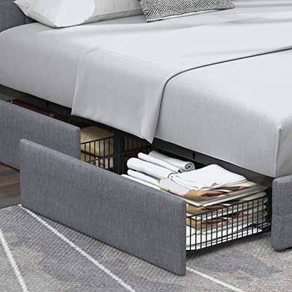 Allewie Upholstered Queen Size Platform Bed Frame with 4 Storage Drawers and Headboard