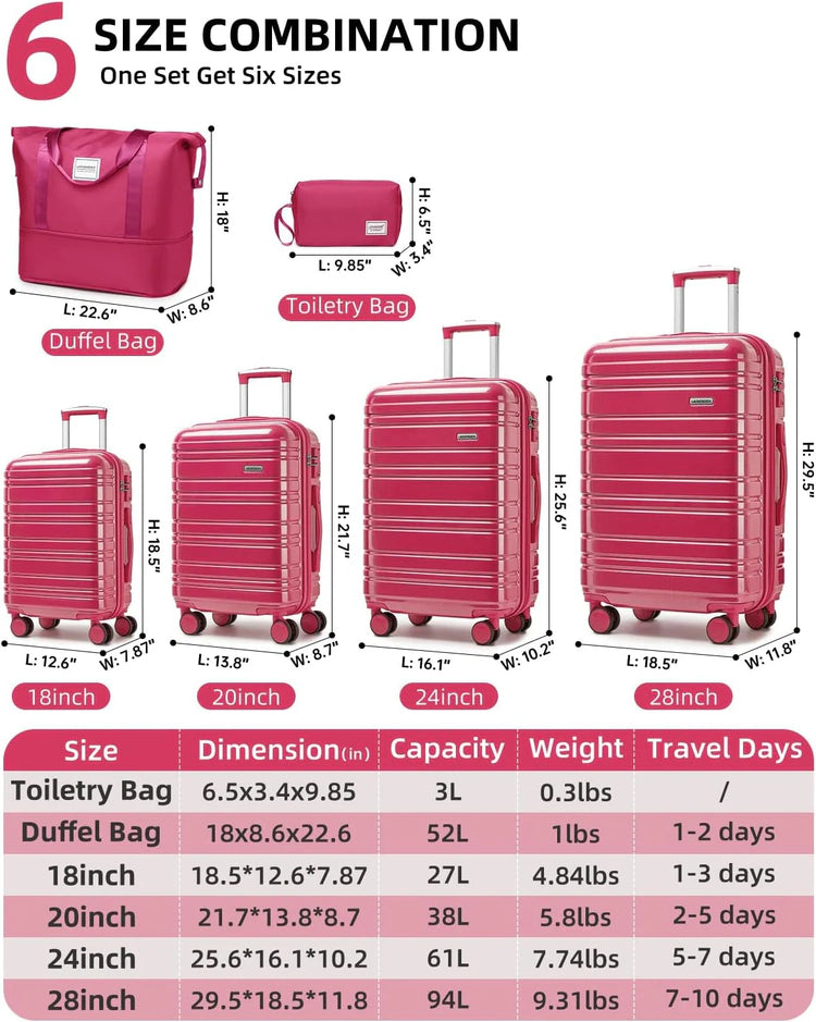 6-piece luggage set, expandable hardshell suitcase set with spinner wheels, lightweight rolling luggage set