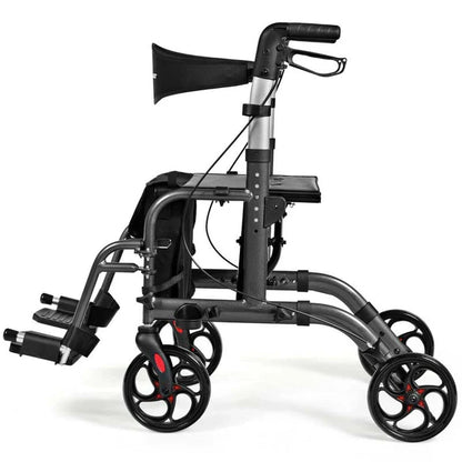 2 In 1 Rollator Walker Wheelchair Folding Medical Walker Aluminum Transport Chair Mobility Walking Aid - Comfortable And Ergonomic Design
