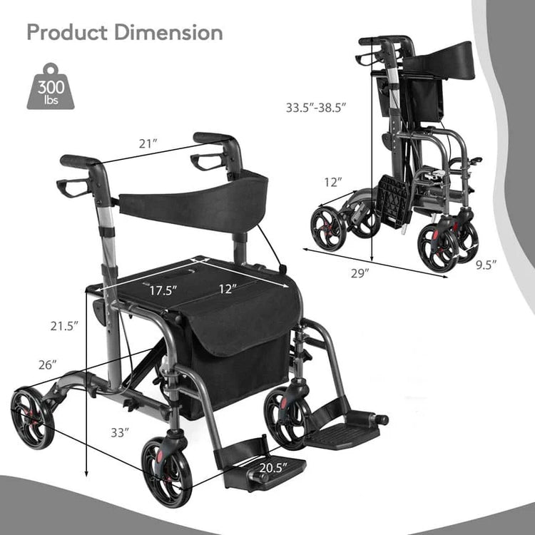 2 In 1 Rollator Walker Wheelchair Folding Medical Walker Aluminum Transport Chair Mobility Walking Aid - Comfortable And Ergonomic Design