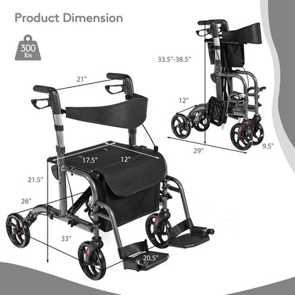 2 In 1 Rollator Walker Wheelchair Folding Medical Walker Aluminum Transport Chair Mobility Walking Aid - Comfortable And Ergonomic Design