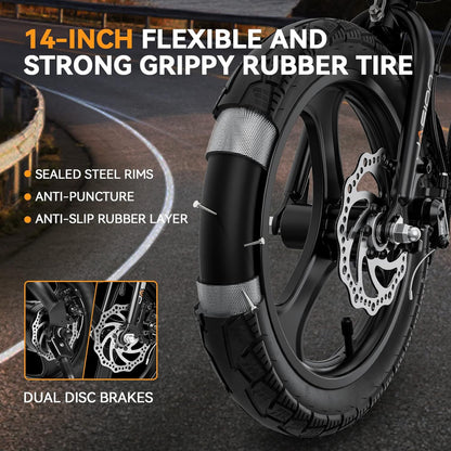 Jasion EB3 Electric Bike Adults 21mph, 500W Peak Motor, 270Wh Battery, Rear Suspension, 3 Levels Assist, 14&prime;&prime; Folding Ebike for Adults and Teens, Complies to UL2849