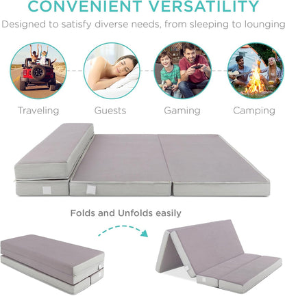 Best Choice Products 4in Portable Queen-Size Mattress, Tri-Fold Mattress for Camping, Guest, Toddler, Foam Plush w/Carry Case - Grey