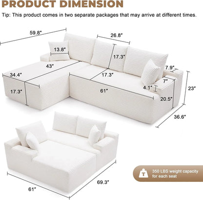 110 Cloud Sectional Couch, Boneless Sofa for Living Room Modular Sectional Sofa with Deep Seat