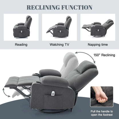 Oversized Swivel Rocker Recliner Chair with Heat and Massage, 360 Degree Swivel Rocking Single Sofa with Cup Holders and USB Port, Large Big Recliner Chair for Living Room (Leather, Brown)