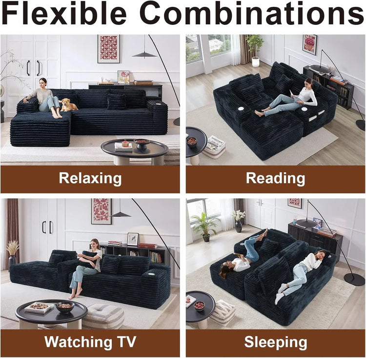 Cloud section sofa with L-shaped recliner modern modular sofa built-in cup holder