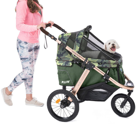 Jogging Sports Stroller with Comfort Rubber Wheels/Zipper-Less Entry/1-Hand Quick Fold/Aluminum Frame for Small/Medium Dogs Cats and Pets (Green Camo)