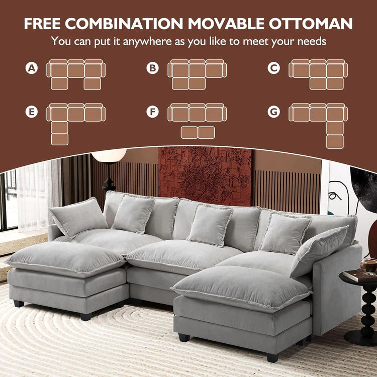 Ihanherry 146" U-Shaped Modern Sofa Modular Sectional Cloud Couch with 2 Ottoman, 6-Seat Chenille Deep Seat Sofa with 6 Pillows for Living Room, Bedroom and Apartment, Grey