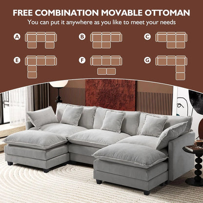 Ihanherry 146" U-Shaped Modern Sofa Modular Sectional Cloud Couch with 2 Ottoman, 6-Seat Chenille Deep Seat Sofa with 6 Pillows for Living Room, Bedroom and Apartment, Grey