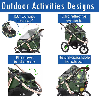 Jogging Sports Stroller with Comfort Rubber Wheels/Zipper-Less Entry/1-Hand Quick Fold/Aluminum Frame for Small/Medium Dogs Cats and Pets (Green Camo)