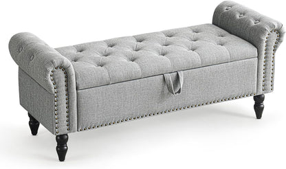 Furniliving Modern Storage Ottoman Bench, Sherpa Ottoman End of Bed Bench with Solid Wood Legs Upholstered Ottoman Benches with Storage Indoor Bench for Living Room with Rolled Arm, Entryway, White
