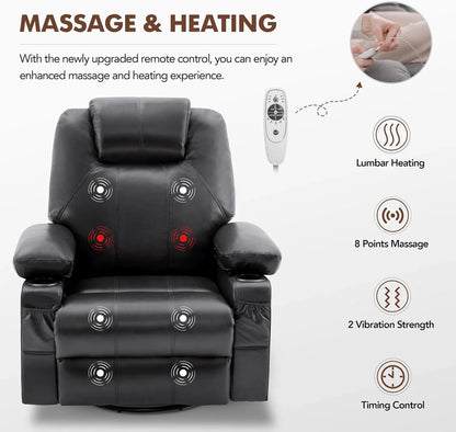 Oversized Swivel Rocker Recliner Chair with Heat and Massage, 360 Degree Swivel Rocking Single Sofa with Cup Holders and USB Port, Large Big Recliner Chair for Living Room (Leather, Brown)