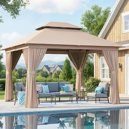 Aoxun Outdoor Gazebo for Patio 10x12, Metal Frame Canopy with Double Roofs, Heavy Duty Party Tent and Shelter with Mosquito Netting and Privacy Screen for Backyard, Lawn, Garden, Deck