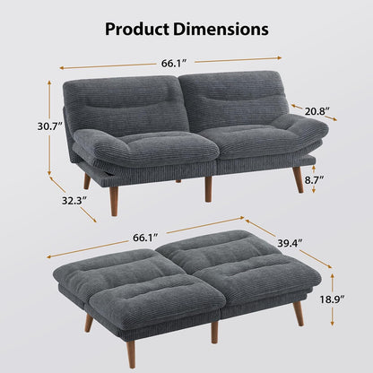 Pipishell Convertible Futon Sofa Bed,66" Corduroy Futon Couch with Adjustable Backrest and Armrests, Recliner Sleeper Sofa for Small Spaces, Play Room or Office, Grey