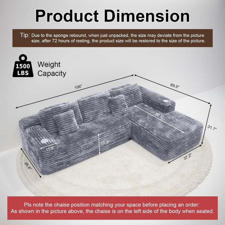 Cloud Sectional Couch with L-Shape Chaise Modern Modular Sofa Deep Seat Built-in Cup Holder