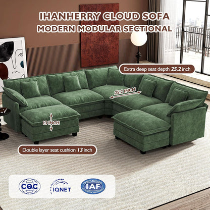 Ihanherry 146" U-Shaped Modern Sofa Modular Sectional Cloud Couch with 2 Ottoman, 6-Seat Chenille Deep Seat Sofa with 6 Pillows for Living Room, Bedroom and Apartment, Grey