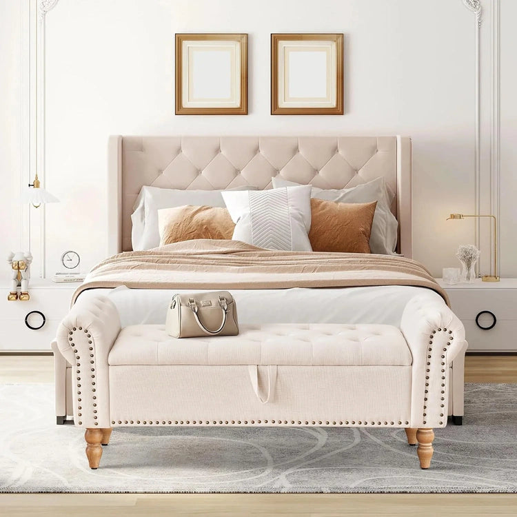 Furniliving Modern Storage Ottoman Bench, Sherpa Ottoman End of Bed Bench with Solid Wood Legs Upholstered Ottoman Benches with Storage Indoor Bench for Living Room with Rolled Arm, Entryway, White